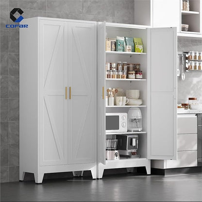 COFaR 71 in Tall Kitchen Pantry Cabinet, Metal Pantry Storage Cabinet with 4 Adjustable Shelves and 2 Barn Doors, White Freestanding Farmhouse Food Cupboard for Dining Room Living Room