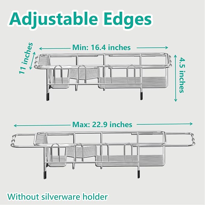 AIDERLY Dish Drying Rack in Sink Expandable Stainless Steel Kitchen Dish Drainer with 4 Cup Holders, Silver