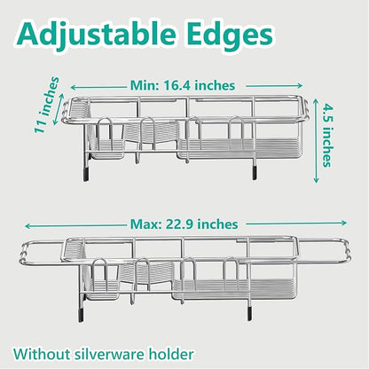 AIDERLY Dish Drying Rack in Sink Expandable Stainless Steel Kitchen Dish Drainer with 4 Cup Holders, Silver