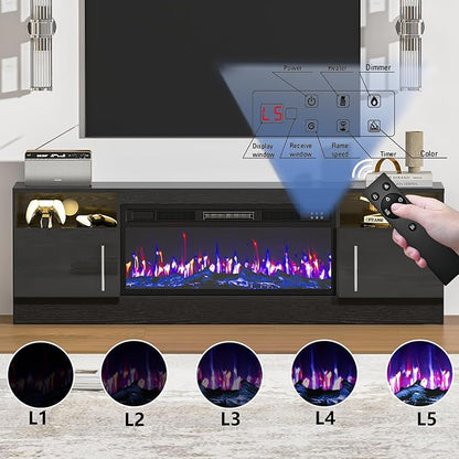 PRETZI Fireplace TV Stand with 36" Fireplace Up to 80" TVs, 70" Entertainment Center with LED Lights, Remote Control, TV Media Console with Storage Cabinets for Living Room, Black