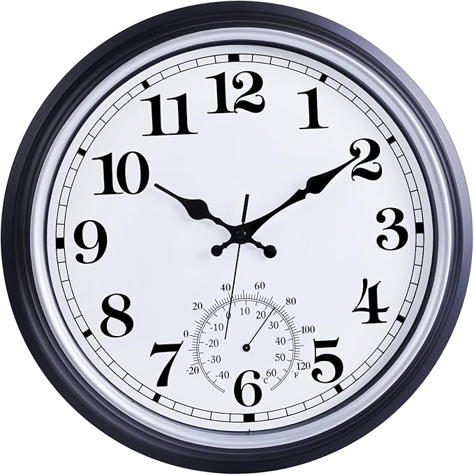 16 Inch Large Outdoor Clock, Retro Waterproof Indoor/Outdoor Clock Non-Ticking Clock with Thermometer, Battery Operated Wall Clock for Patio, Garden, Pool - Black