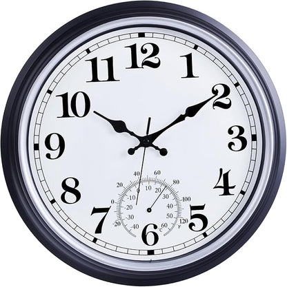 16 Inch Large Outdoor Clock, Retro Waterproof Indoor/Outdoor Clock Non-Ticking Clock with Thermometer, Battery Operated Wall Clock for Patio, Garden, Pool - Black
