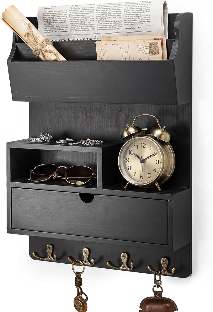 Rebee Vision Pine Wood Key Holder Wall Mount for New Home Essentials – Farmhouse Key Holder for Wall with Drawer Organizer, Mail Organizer & 4 Hooks – Modern Apartment Home Decor(Black)