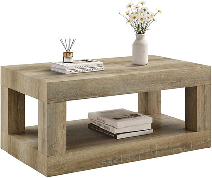 LKTART 39.37" Coffee Table with Storage, 2-Tier Mid Century Rectangular Accent Table with Thick Tabletop, Rustic Style Cocktail, Center Table for Living Room, Office, Apartment (Antique Natural)