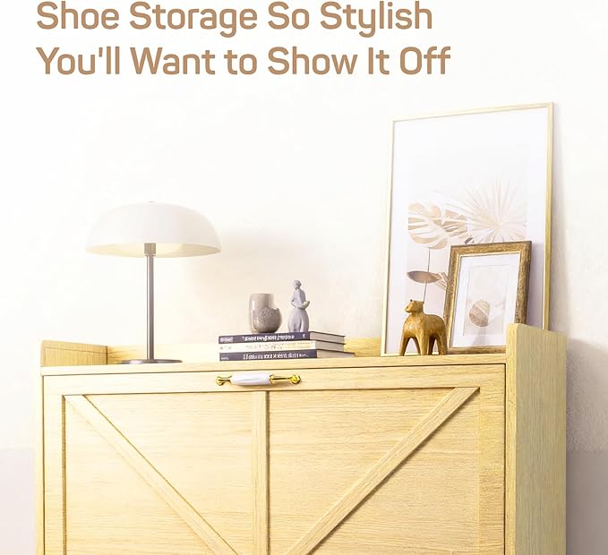 Shoe Storage Cabinet for Entryway with 2 Flip Drawers, Narrow Metal Slim Shoe Cabinet, Freestanding Hidden Shoe Organizer for Foyer, Hallway, Entryway - Wood Color