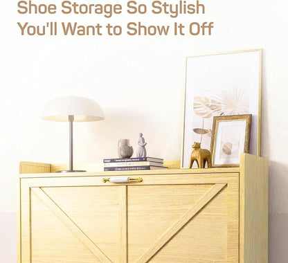 Shoe Storage Cabinet for Entryway with 2 Flip Drawers, Narrow Metal Slim Shoe Cabinet, Freestanding Hidden Shoe Organizer for Foyer, Hallway, Entryway - Wood Color