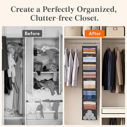 Lifewit 8 Tier Hanging Closet Organizer and Storage for Shelves, 1 Pack Foldable Clothes Shelf with 2 Sturdy Hooks, Sweater/Coat/Shoes Clothing Organization for Wardrobe, Dorm, Bedroom, Gray