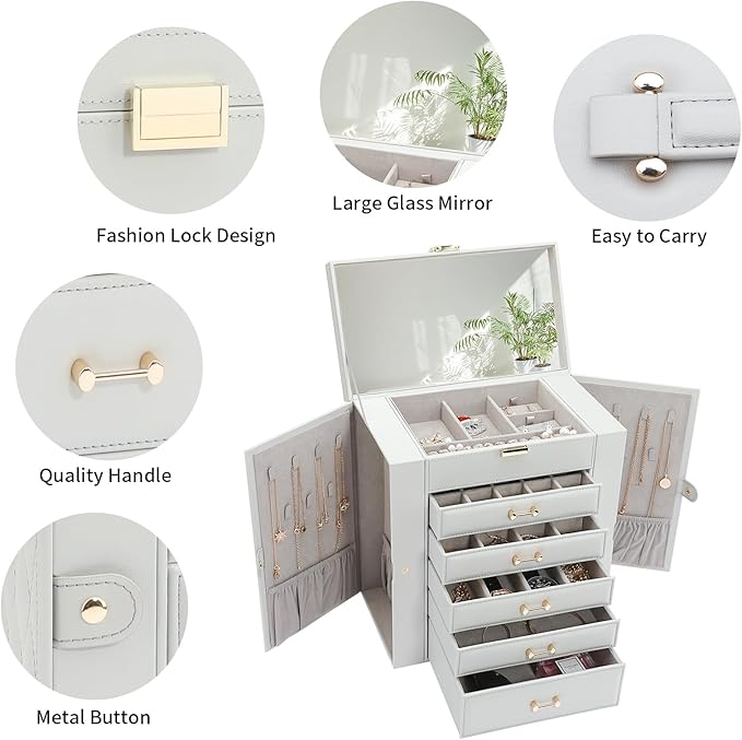 Large Jewelry Box,Jewelry Organizer Box with 5 Drawers,6-Tier Jewelry Boxes Organizers Jewelry Storage Case with Mirror,Extra Large Jewelry Boxes for Women(Grey)