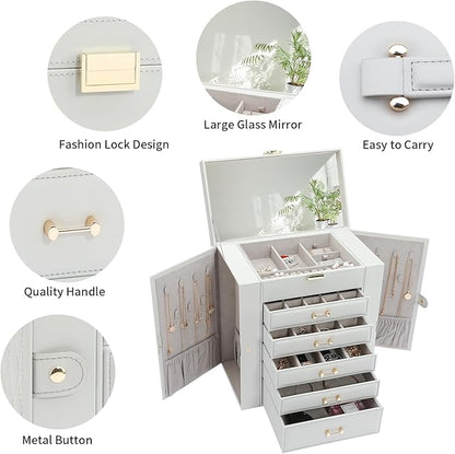 Large Jewelry Box,Jewelry Organizer Box with 5 Drawers,6-Tier Jewelry Boxes Organizers Jewelry Storage Case with Mirror,Extra Large Jewelry Boxes for Women(Grey)
