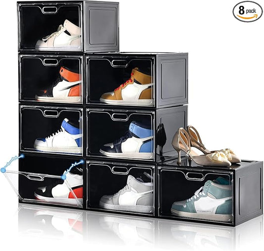 Amllas 8 Pack Shoe Boxes Black Plastic Stackable, Large Shoe Storage Organizer,Drop Side Front Shoe Containers for Entryway,Sneaker Storage Fit up to US Size 13 for Men/Women(13’’x 10.6”x 8.3”)