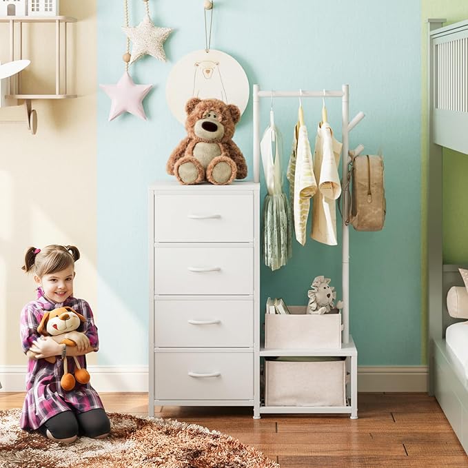 KKL Small Dresser for Bedroom with Clothes Hanging Rack, Reversible Bedroom Dresser with Shoe Rack & 4 Fabric Drawers, 3-in-1 Storage Chest of Drawers with Storage Shelves & Tree Hooks, White