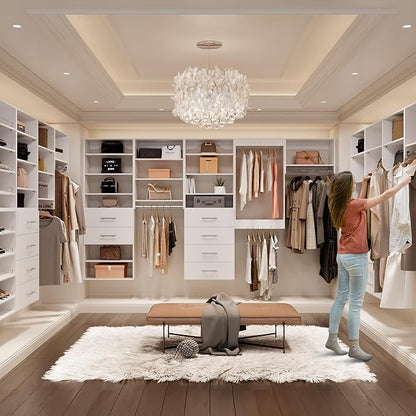 ROOMTEC Modular Closet System, 90" Wall Mounted Modern Closet Organizer with Hanging Rods and Shoe Shelf, Wooden Tower for Walk-In Closets, Wardrobe Storage Kit, White