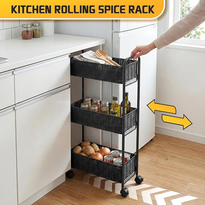 FOCHIER F Utility Slim Storage Cart,3-Tier Rolling Kitchen Office Laundry Room Cart,Mobile Shelving Unit Organizer for Living Room Bathroom Baby Diaper Narrow Places (Black, 3 Tiers-7.1 inch (W))