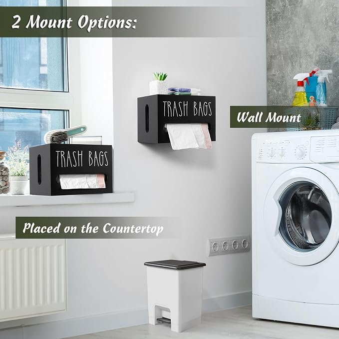 DRASTAR Trash Bag Dispenser, Large Wooden Trash Bag Holder Wall Mount, Black Roll Holder for for 13-gallon Plastic Garbage Bags Dispenser Countertop, Under Kitchen Sink Organization