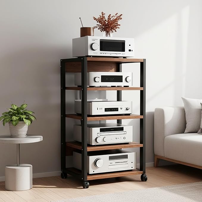 5 Tier AV Media Stand, Audio Rack Tower Stereo Components Cabinet, Home Theatre CD Record Player Stereo Receiver Equipment Rack with Adjustable Wood Shelves, Load 220lbs (Walnut Brown)