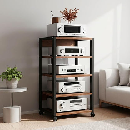 5 Tier AV Media Stand, Audio Rack Tower Stereo Components Cabinet, Home Theatre CD Record Player Stereo Receiver Equipment Rack with Adjustable Wood Shelves, Load 220lbs (Walnut Brown)