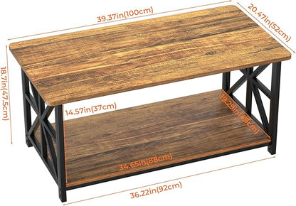 GreenForest Coffee Table with Round Corner, Farmhouse Center Table with 2-Tier Storage Shelf X-Frame Design for Living Room, 39 inch Walnut