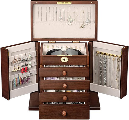 Lockable Wooden Jewelry Box for Women - 8-Layer Dresser Top Jewelry Boxes and Organizer with Key,Large Storage for Necklaces,Solid Wood Jewelry Organizers with Necklace Hooks