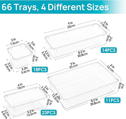 Vtopmart 66 PCS Clear Plastic Drawer Organizer Bins, 4-Size Versatile Bathroom and Vanity Organizer Trays, Acrylic Storage Containers for Makeup, Jewelry, Toiletry, Kitchen Utensils and Office Supply