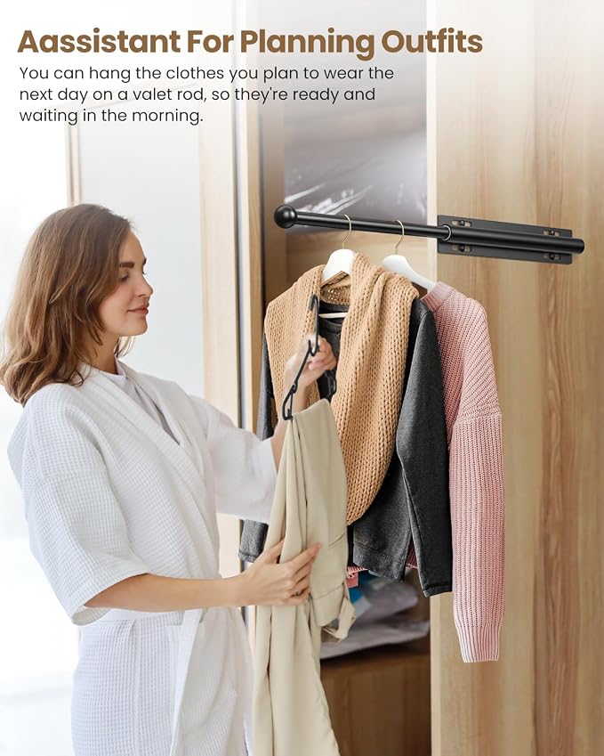 Supforce Valet Rod for Closet Pull Out, Retractable Slide Out Valet Rod Closet Organization, 12" Aluminum Valet Clothing Hanger Rods Perfect for Suits, Freshly Pressed Clothes, Black