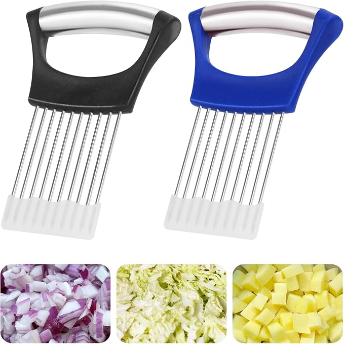 2PCs Stainless Steel Onion Slicer Holder, Onion Cutter Holder for Slicing of Onions,Tomatoes,Avocados,Eggs and Other Vegetables,KItchen Utensils (Blue & Black)