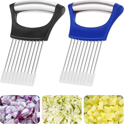2PCs Stainless Steel Onion Slicer Holder, Onion Cutter Holder for Slicing of Onions,Tomatoes,Avocados,Eggs and Other Vegetables,KItchen Utensils (Blue & Black)