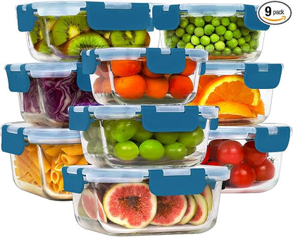 HOMBERKING Glass Food Storage Containers with Lids, [18 Piece] Glass Meal Prep Containers, Airtight Lunch Bento Boxes, BPA-Free & Leak Proof (9 lids & 9 Containers) - Deep Blue