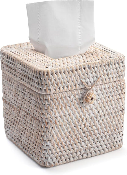 Rattan Tissue Box Cover Natural Woven Facial Napkin Holder Square with Lid 5.7 x 5.7 x 5.5 Inch (White)