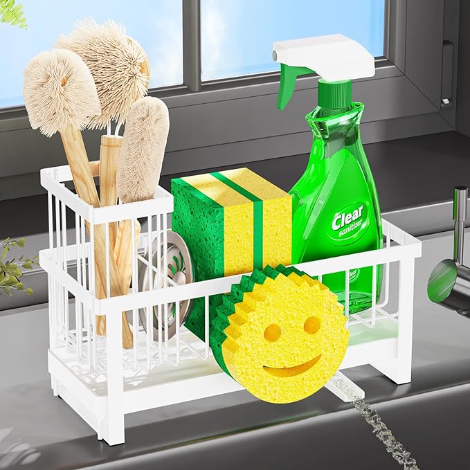 Taugast Sponge Holder for Kitchen Sink,Sink Caddy with Removable Dish Brush Holder,Self-Draining Kitchen Countertop Organizers and Storage Essentials,Soap Dispenser Organize and Home Decor-White