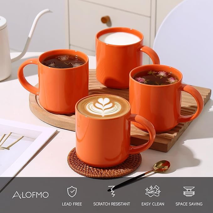 Coffee Mugs Set of 4, Stoneware Coffee Cups with Comfortable Handle, 16oz Ceramic Mugs for Kitchen & Office, Dishwasher & Microwave Safe - Orange