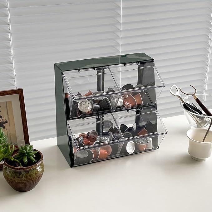 Large Green Coffee Pod Holder with Lid, Plastic Coffee Bar Accessories Storage Organizer for Creamer, K Cups, Tea Bags, Sugar Bag, Drinking Straw, Home Kitchen Supplies(Green)