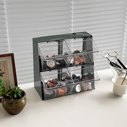 Large Green Coffee Pod Holder with Lid, Plastic Coffee Bar Accessories Storage Organizer for Creamer, K Cups, Tea Bags, Sugar Bag, Drinking Straw, Home Kitchen Supplies(Green)