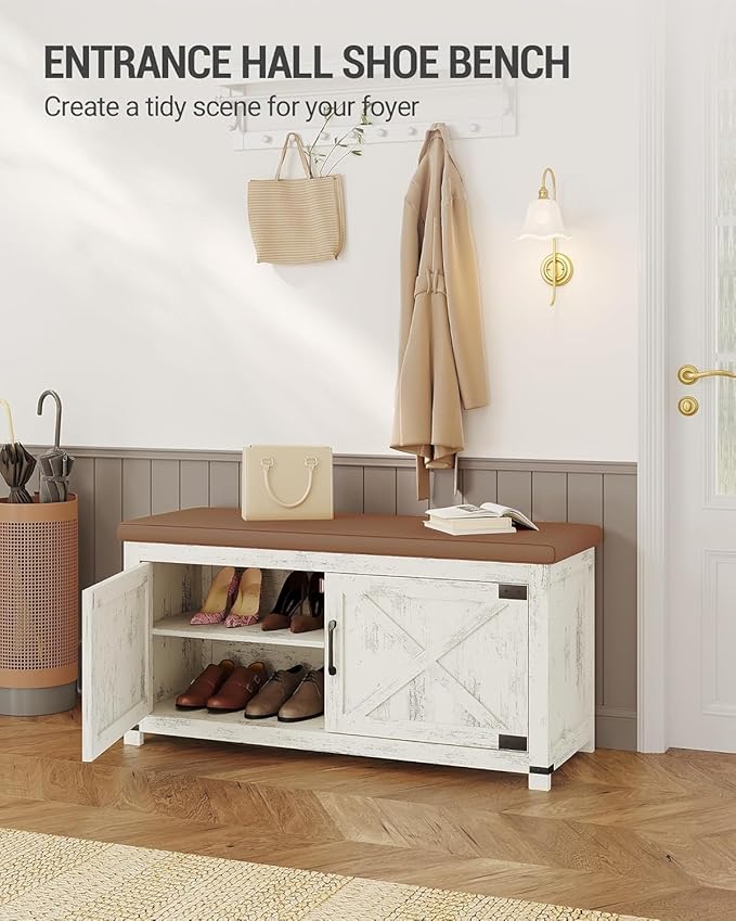 Shoe Storage Bench, 2 Tier Shoe Bench with Padded Seat Cushion & 2 Barn Doors, Entryway Bench with Adjustable Shelf, Farmhouse Shoe Cabinet for Living Room, Bedroom, Antique White SB26614KA