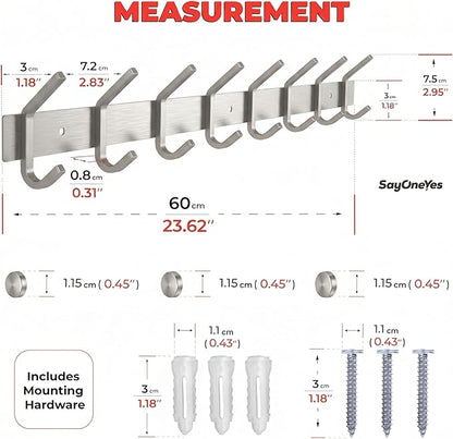 Coat Rack Wall Mount – Brushed Nickel 24 Inch Stainless Steel Hook Rail with 8 Heavy Duty Double Coat Hooks – Wall Mounted Coat Hanger for Entryway, Bathroom, Bedroom, Towel, Hat Organizer