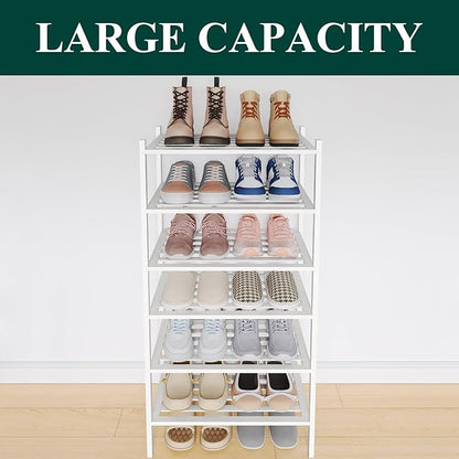 Smiry Small Bamboo Shoe Rack 6-Tier, Stackable Wooden Shoe Organizer for Entryway & Closet, Free Standing Wood Shoe Storage Shelf for Front Door & Small Spaces, White