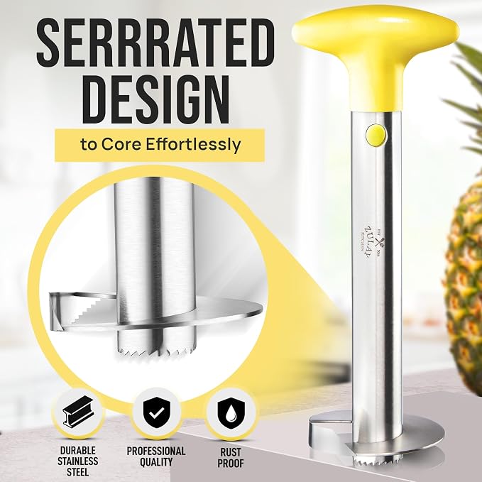 Zulay Kitchen Pineapple Corer and Slicer Tool – Stainless Steel Pineapple Cutter with Eye Remover Tool – Ergonomic Handle & Easy Core Remover – Reinforced Heavy-Duty Blade – Yellow