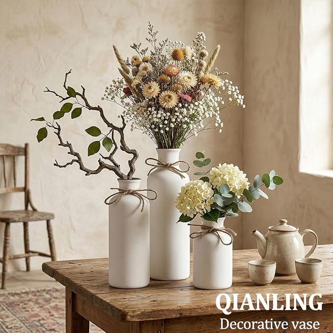 White Ceramic Vase Set - 3 Small Vases, Minimalist Decor Boho Vases, Modern Farmhouse Home Décor Accents, Living Room Centerpieces for Home Décor Room,Entryway, Bookshelf, Mantel, Shelf Décor