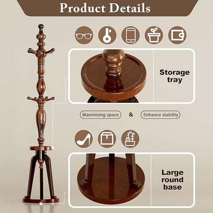 Coat Rack with 8 Hooks, Hall Tree Freestanding with Shelf, Wood Coat Tree Heavy Duty with Round Base, Standing Coat Rack, Load Capacity 220 lb, Coat Hanger Stand for Entryway Hallway Office 17.13x74"