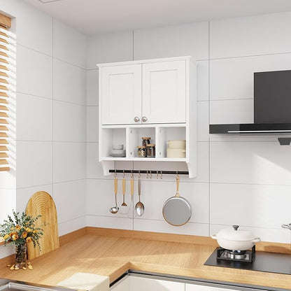 Over-The-Toilet Bathroom Storage Cabinet with Towel Bar, Space-Saving Wall Mounted Medicine Cabinet , 2 Doors & 1 Adjustable Shelf, Easy Install White Finish for Bathroom, Kitchen, Living Room