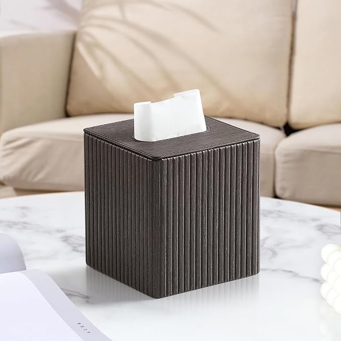 MEIBOOCH PU Leather Tissue Box Cover Square Tissue Box Holder with Magnetic Closure (Dark Brown)
