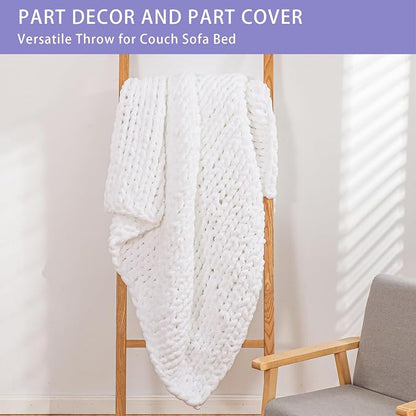 Bigacogo Chunky Knit Throw Blanket for Couch, 40x80 inches, 100% Hand Knitted with Thick Jumbo Chenille Yarn, Cozy Soft Large Rope Knot Cable Crochet Blankets for Sofa Bed Living Room, White