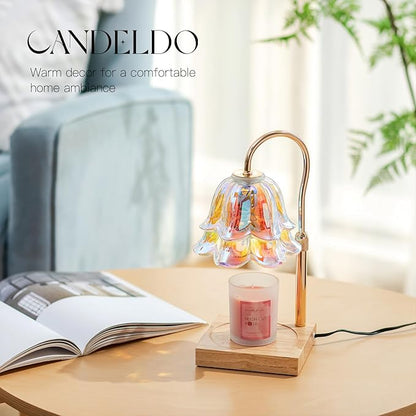 Candeldo Candle Warmer Lamp with Timer: Iridescent Flower Candle Warming Lamp with 2 Bulbs Height Adjustable Wax Warmer Dimmable Home Decor Mom Birthday Gift for Women