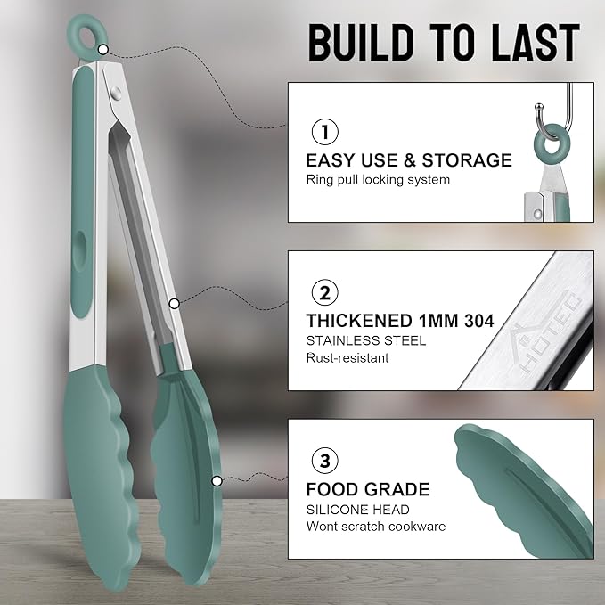 HOTEC Premium Stainless Steel Locking Kitchen Tongs with Silicon Tips, Set of 2-9" and 12", Sage Green