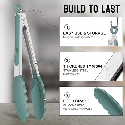 HOTEC Premium Stainless Steel Locking Kitchen Tongs with Silicon Tips, Set of 2-9" and 12", Sage Green