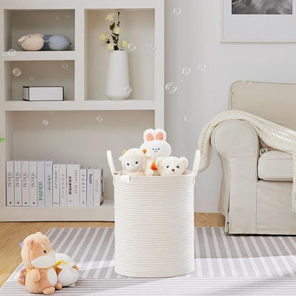 VIPOSCO Tall Laundry Basket, Large Dirty Clothes Hamper with Leather Handle, Woven Rope Storage Basket for Blanket, Toy In Living Room, Bathroom, Bedroom - 53L White