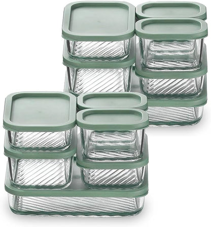 EATEX 12 Pack Glass Meal Prep Containers with Grooved Base, 12 Stackable BPA Free Glass Storage Containers with Lids for Lunch, Pantry, and Kitchen - Microwave, Dishwasher Freezer & Oven Safe - Sage