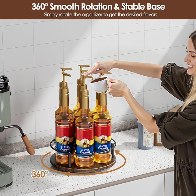 Nuovoware 7 Bottles Rotating Coffee Syrup Rack, Coffee Syrup Rack Organizer Carbon Steel Frame with Wooden Base Bottle Holder for Coffee Flavored Syrups Table Top Thermos Liquor, Black & Brown