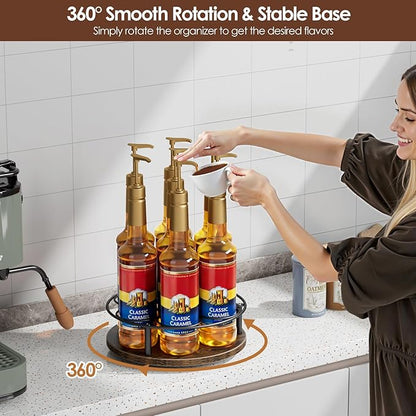 Nuovoware 7 Bottles Rotating Coffee Syrup Rack, Coffee Syrup Rack Organizer Carbon Steel Frame with Wooden Base Bottle Holder for Coffee Flavored Syrups Table Top Thermos Liquor, Black & Brown