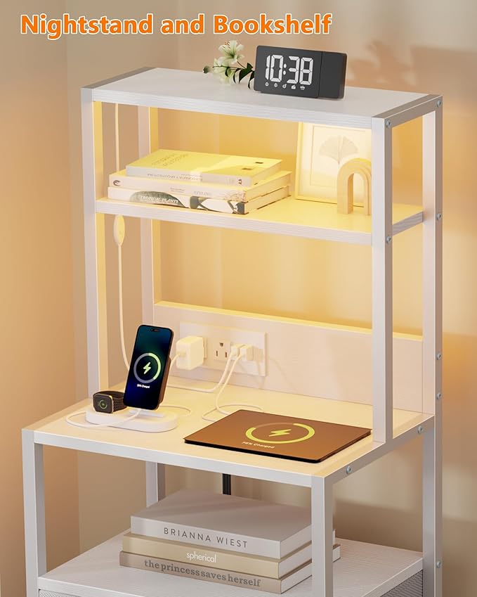Furnulem Night Stand, Tall White Nightstand with 4-Tier Shelves, 2 PU Fabric Drawers and Led Lights, Bed Side Tables with Charging Station, Bedside Table for Bedroom