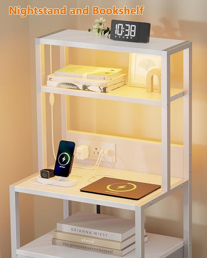Furnulem Night Stand, Tall White Nightstand with 4-Tier Shelves, 2 PU Fabric Drawers and Led Lights, Bed Side Tables with Charging Station, Bedside Table for Bedroom